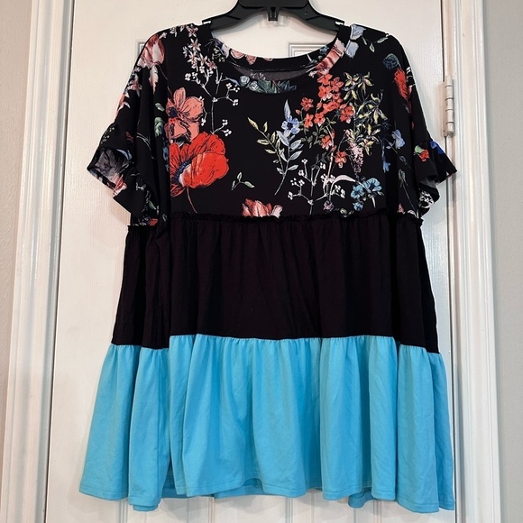 Floral Black and Blue Women's Blouse - Picture 2 of 2